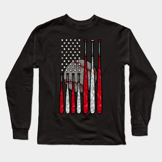 Vintage American Flag Baseball Tee Baseball Gift For Players Long Sleeve T-Shirt by Proficient Tees